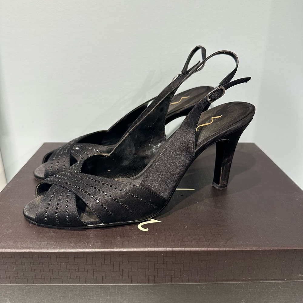 Nina Elegant Black Satin Slingback Heels with Studded Crisscross Straps - Picture 8 of 14